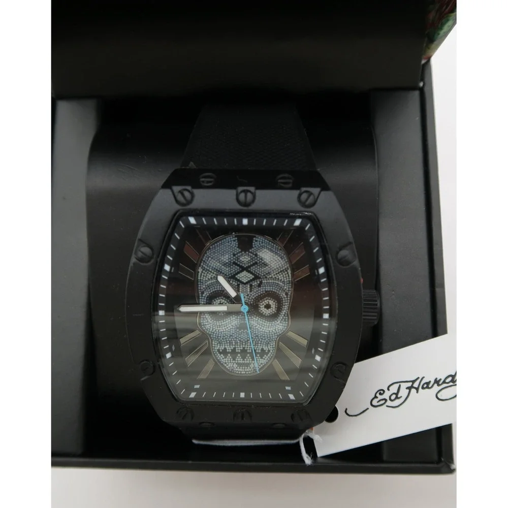 Ed Hardy Mens Black Skull Crystal Dial Tonneau Silicone Strap Watch New in Box